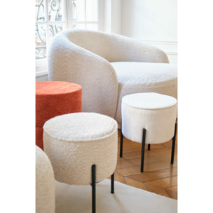 Abel – Pouf rond en tissu chenille blanc pieds en métal