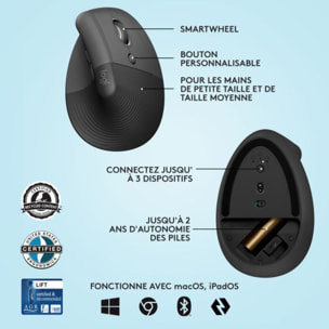 Souris sans fil LOGITECH Lift Ergonomique Silencieuse Graphite