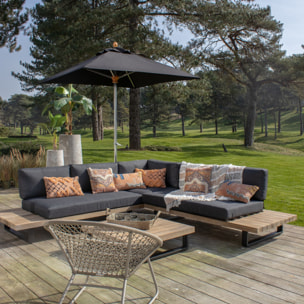 Salon de jardin en bois d'acacia et coussins noir 6 places DOURO