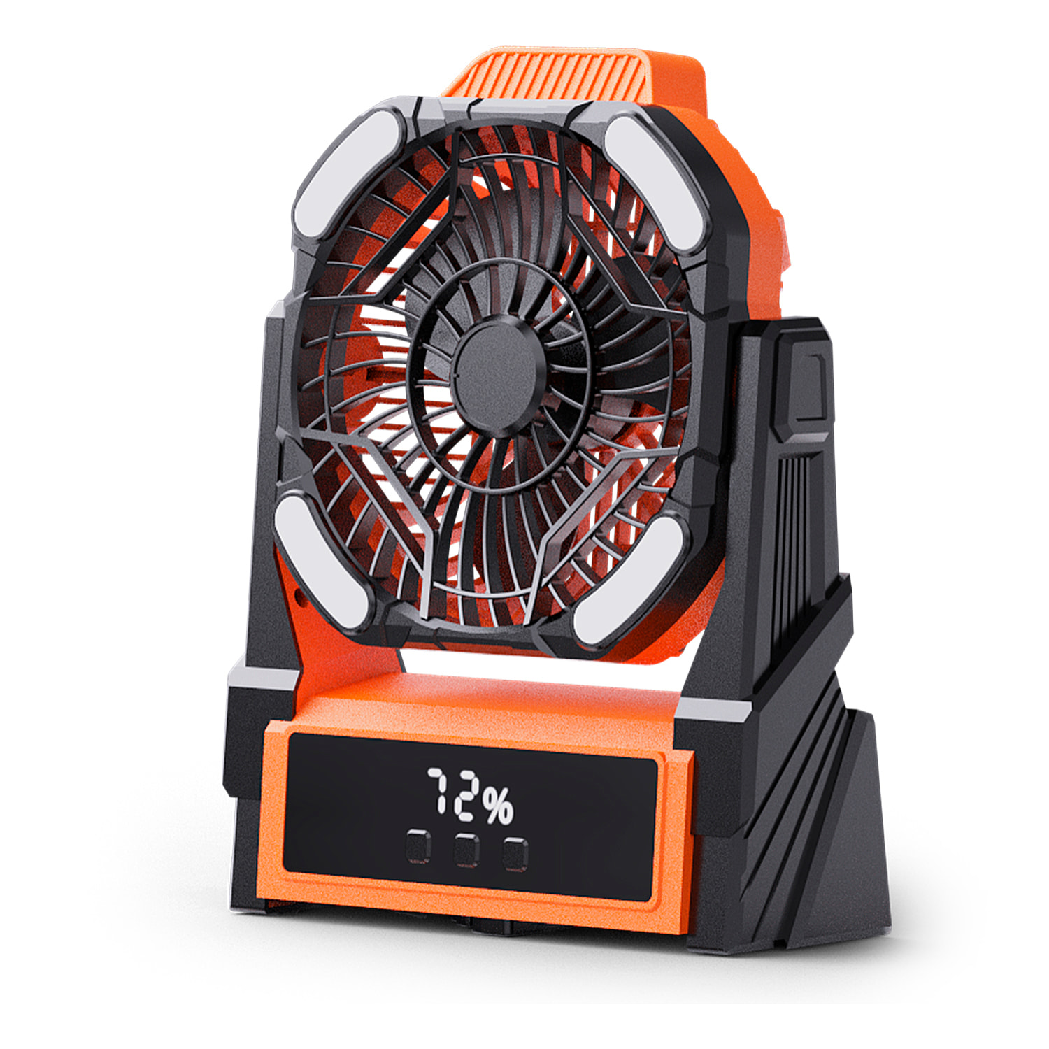 Ventilador A16 con motor sin escobillas, LED con 32 luces, 4 velocidades, 3 niveles de luz y temporizador. Ángulo ajustable de 90º con gancho para colgar y powerbank de 10000 mAh.