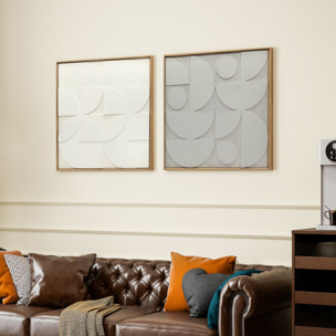 Lot de 2 tableaux murales 3D texturés gris blanc - tableaux décoratifs en relief 80 x 80 cm - cadre effet bois