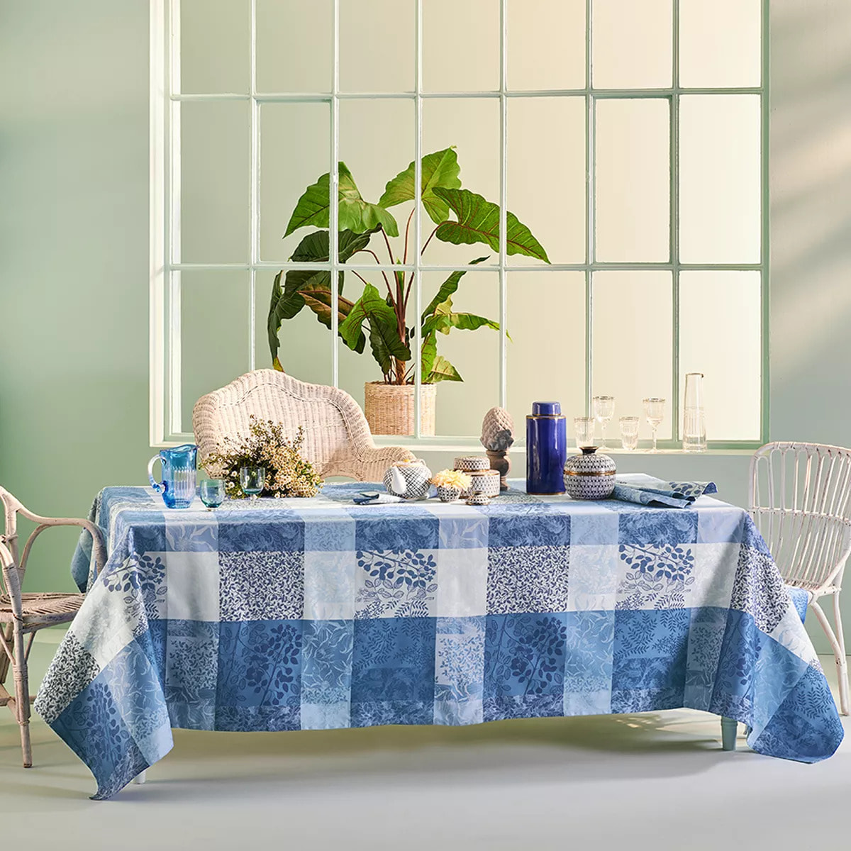Nappe pur coton motif jacquard bleu Mille rameaux bleu