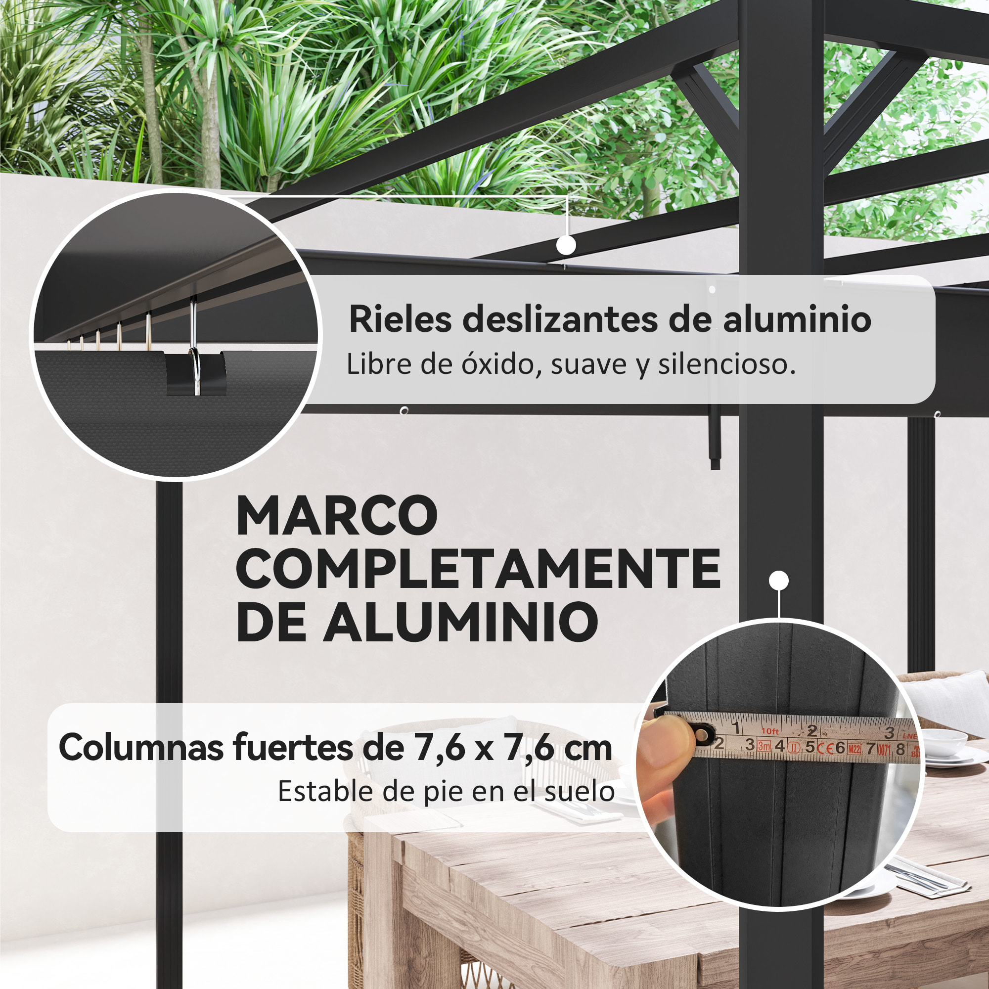 Pérgola de Jardín 3x3 m con Techo Retráctil y Pared Lateral Enrollable, Cenador de Jardín con Estructura de Aluminio, UPF30+, Pabellón para Exterior, Patio, Terraza, Gris Oscuro