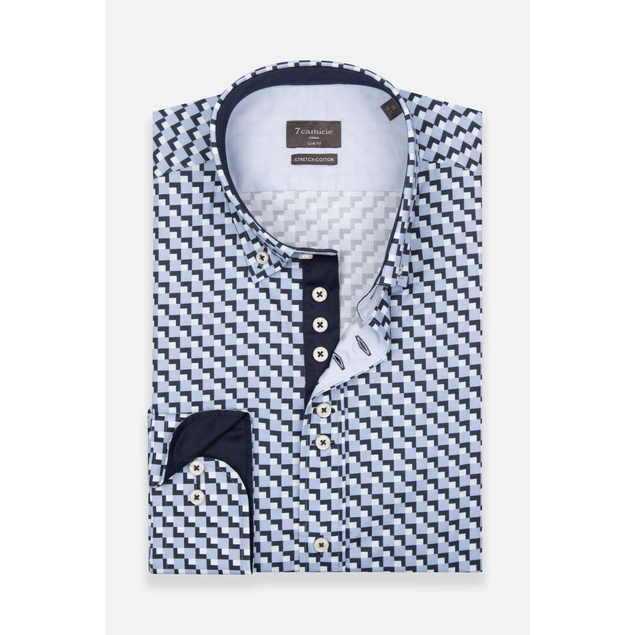 Camicia Uomo 1 Bottoni Button Down Slim Popeline Stretch Stampato Blu/Celeste