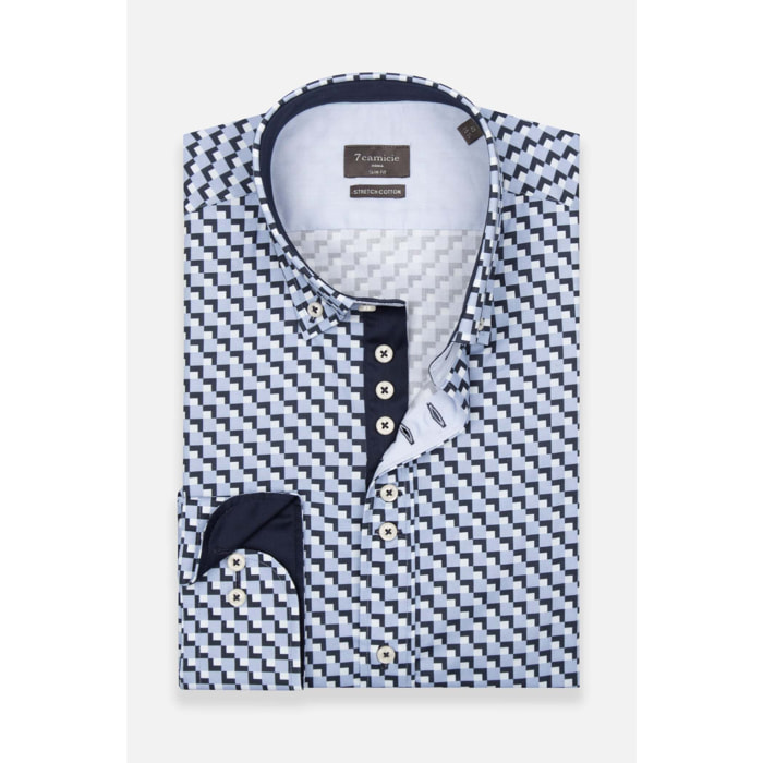 Camicia Uomo 1 Bottoni Button Down Slim Popeline Stretch Stampato Blu/Celeste