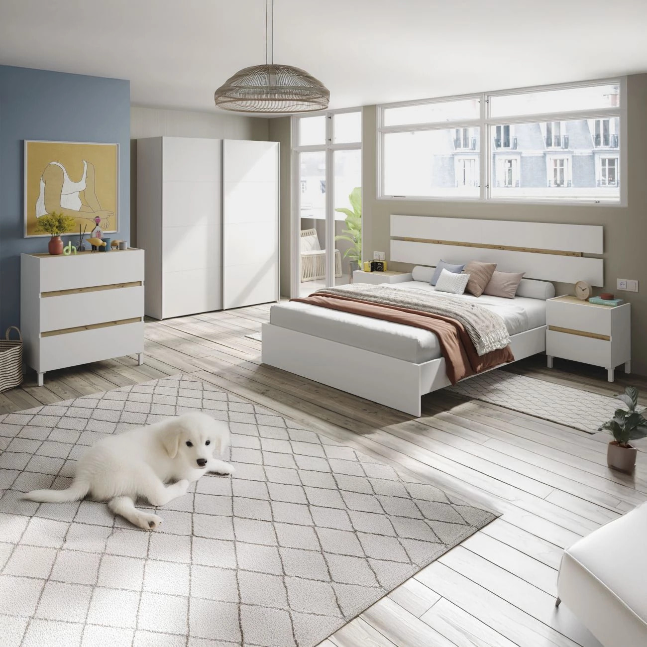 Dormitorio Ezra 3C Plus Blanco Artik (Blanco Mate) - Roble Nodi