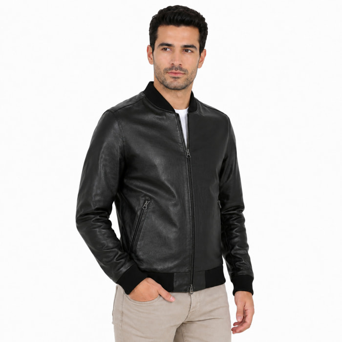 Giubbino in vera pelle di vitello Nero-Slim Fit