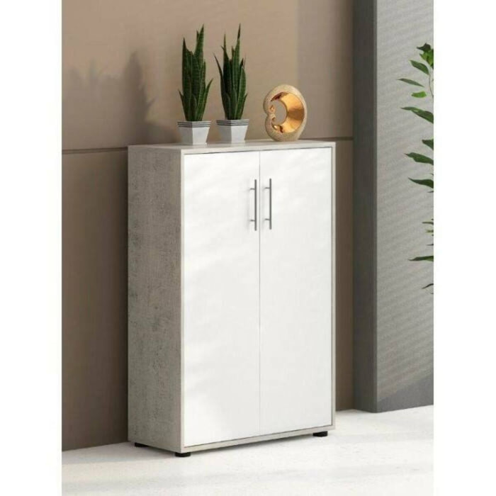 Libreria a 2 ante e 2 ripiani, Scaffale per libri e documenti, Credenza portaoggetti da ufficio, cm 79x34h188, colore Bianco e Cemento