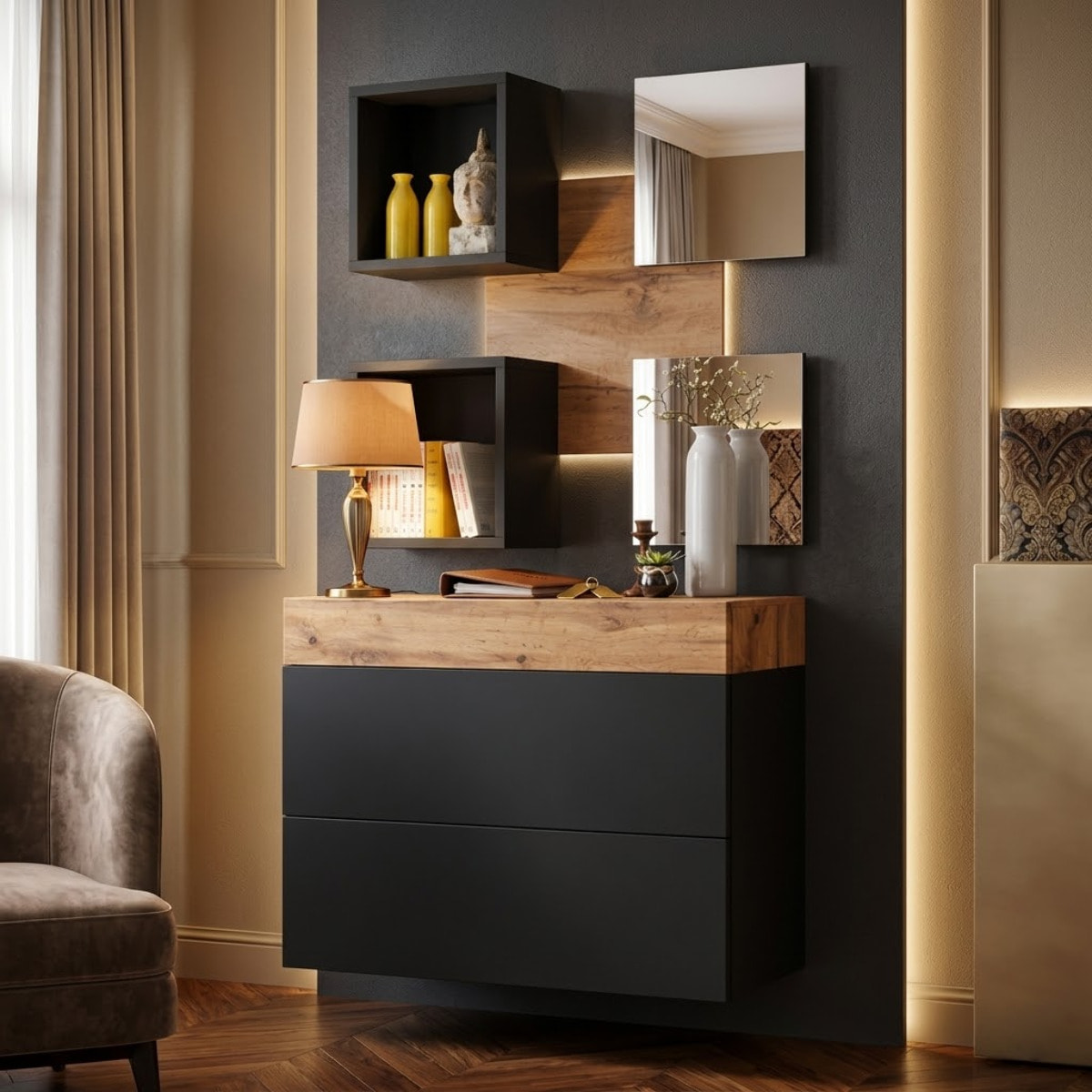 Mobile Ingresso Moderno Con 2 Specchi Vani A Giorno E Base Con Ante E Cassetto Design Elegante Salvaspazio 100 x 170 x 30 Cm Nero E Rovere