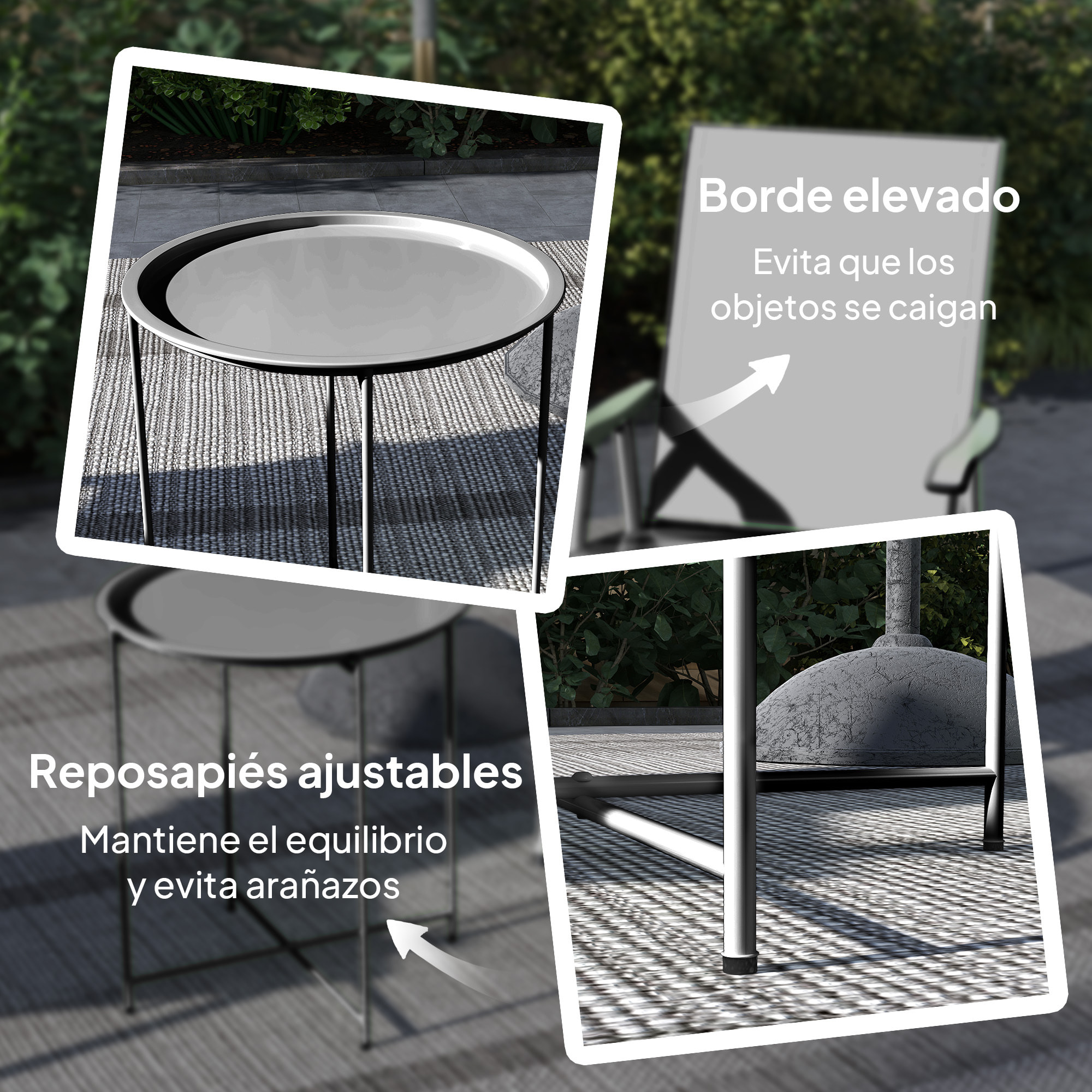 Mesa Auxiliar Redonda Mesa de Jardín Exterior con Bandeja Extraá­ble Patas Plegables Mesa para Exterior Terraza Patio Ø46x50 cm Negro