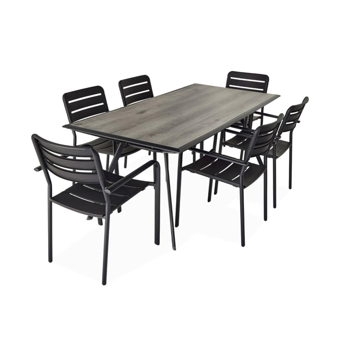 Table de jardin plateau effet bois structure acier 180 cm avec 6 chaises en acier incluses