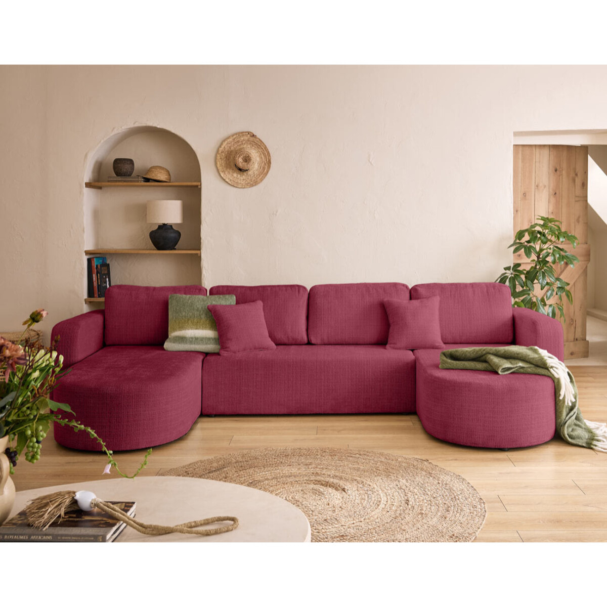 Miro - canapé panoramique en U 7 places - convertible avec coffre - en velours texturé - Prune