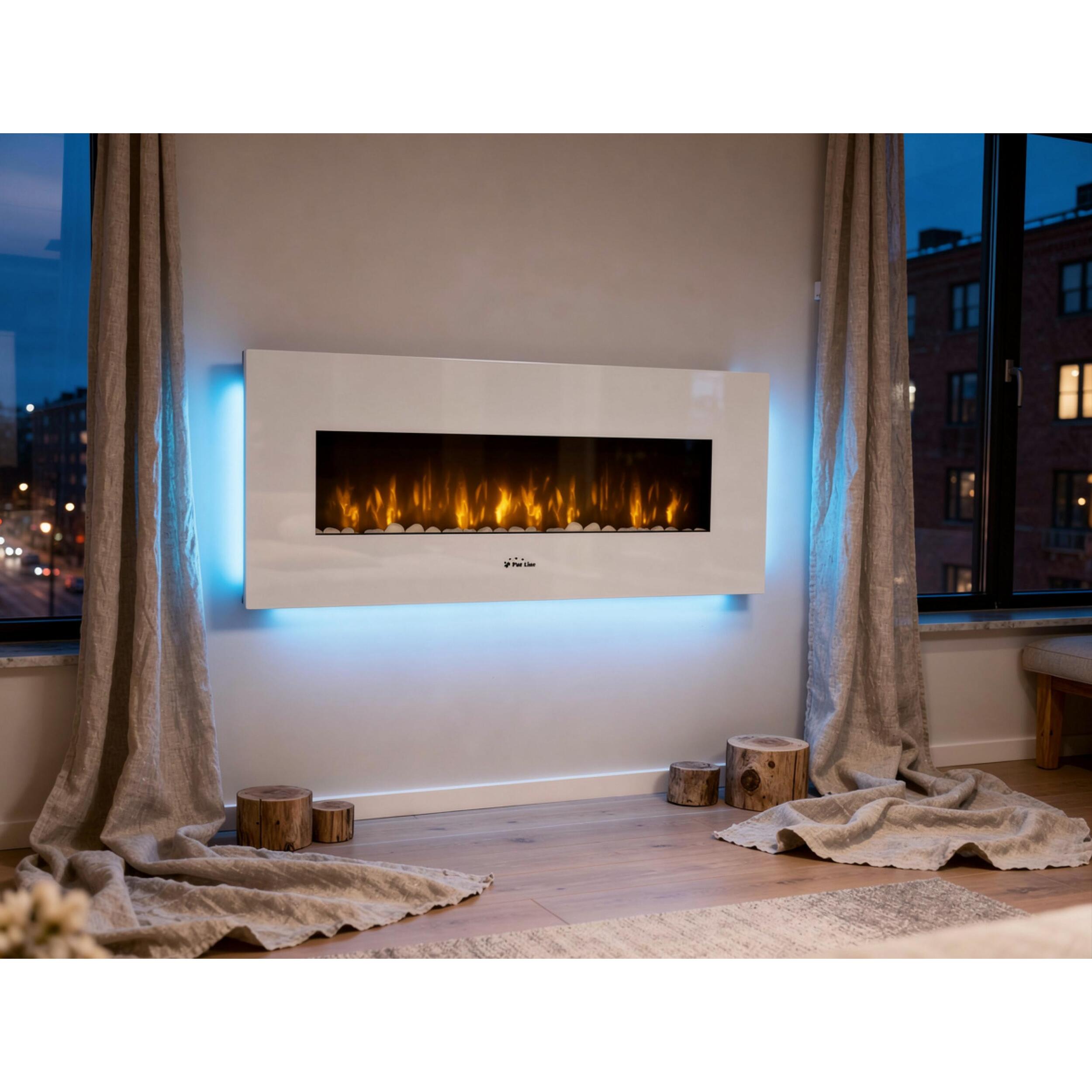 Chimenea Eléctrica Panorámica con luz LED ambiental y panel frontal blanco CHE-505 PURLINE