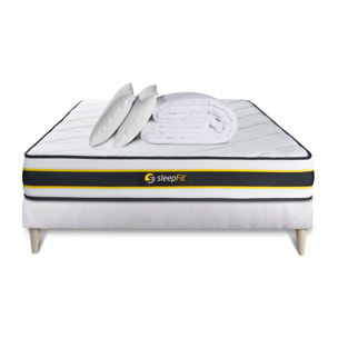 Pack cama completa - Colchón Muelles ensacados y espuma viscoelástica - Kit de base de cama - Blanco - Flexy con 2 almohadas y 1 edredón