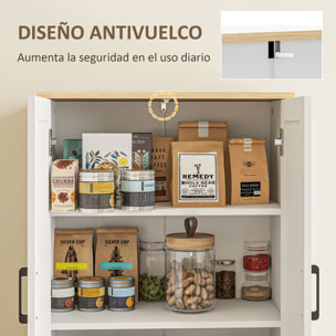 Alacena de Cocina Aparador de Cocina Mueble Auxiliar de Cocina con Estantes Ajustables Puertas de Ratán y Sistema Anti-vuelco 60x30x170 cm Blanco