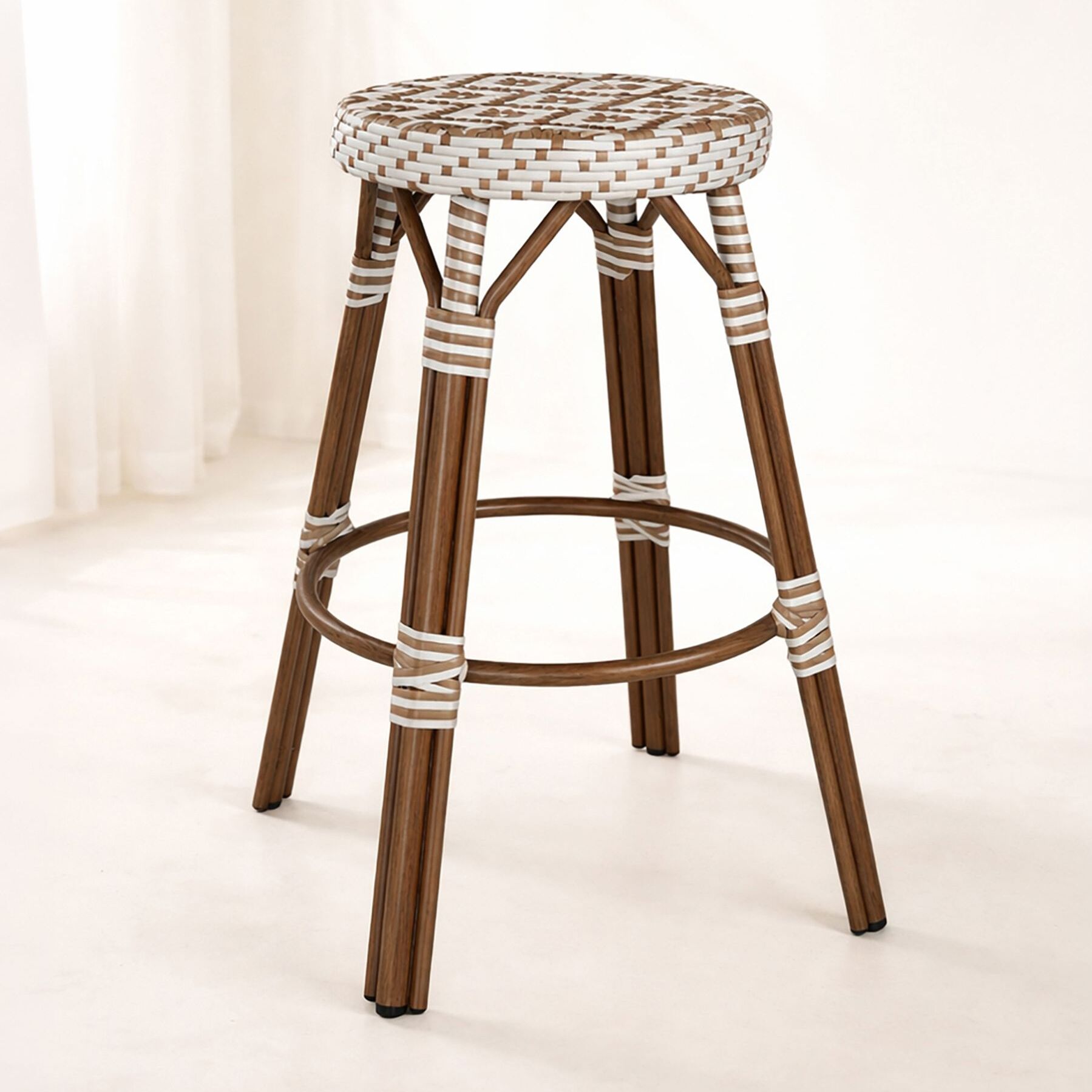 Tabouret haut d'extérieur en textilène tressé beige SCALA