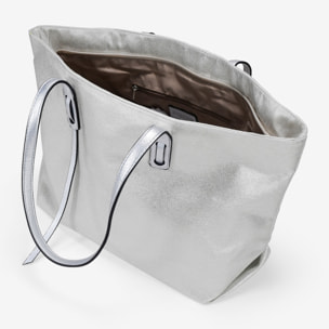 Bolso shopper plateado en canvas con cremallera