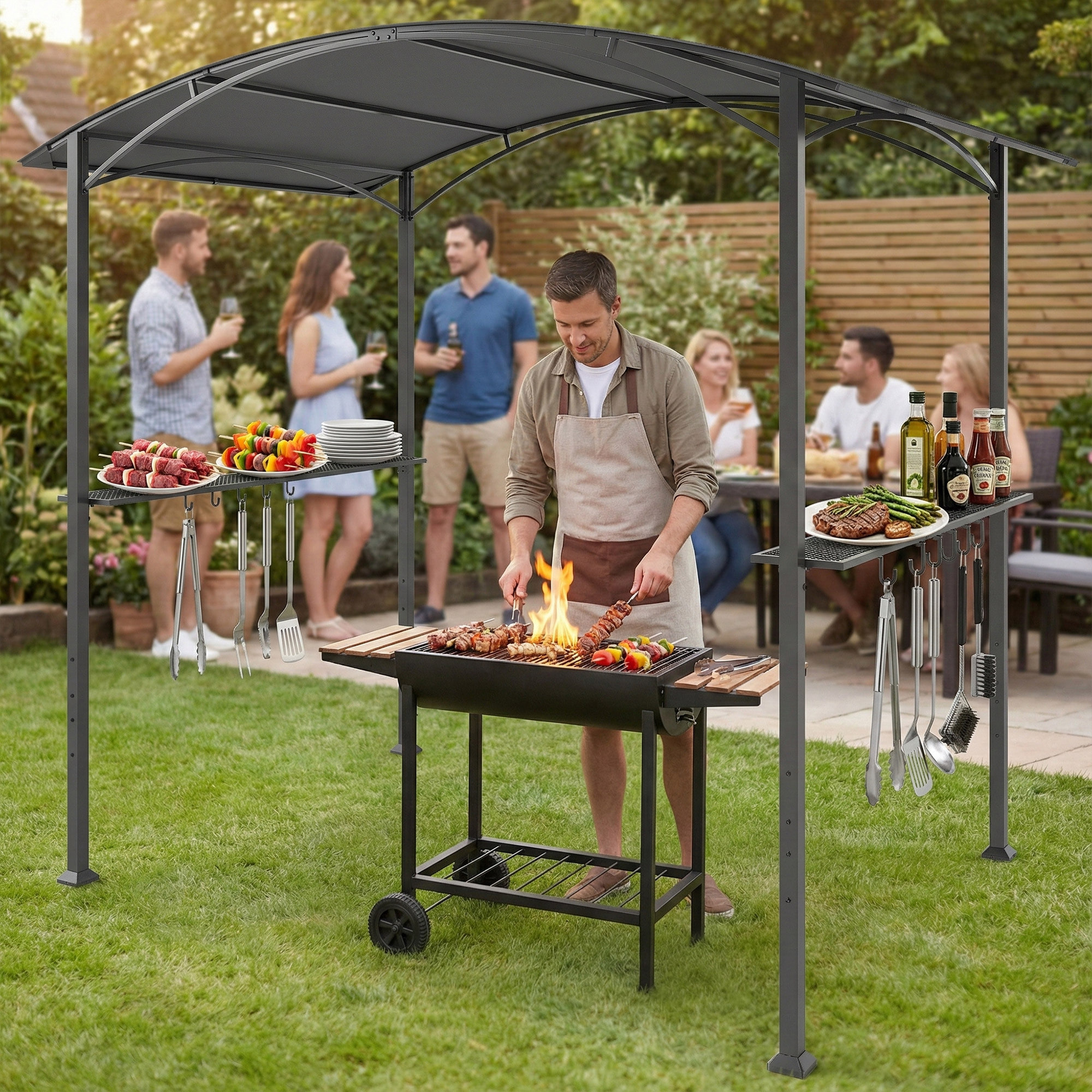 Carpa Barbacoa 2,4 x 1,5 m, Cenador de Pérgola con 2 Estantes Laterales, Toldo Resistente a la intemperie, Ganchos y Estructura de Acero, para Jardín Terraza Exterior Camping BBQ, Gris Oscuro