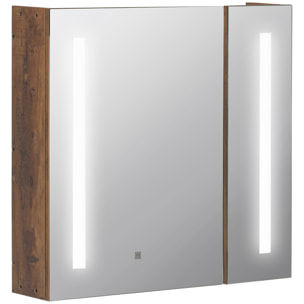 kleankin Armario con Espejo de Baño con Luz LED Armario de Baño Colgante con 2 Puertas Función de Memoria e Interruptor Táctil Estilo Moderno 70x15x65 cm Marrón Rústico