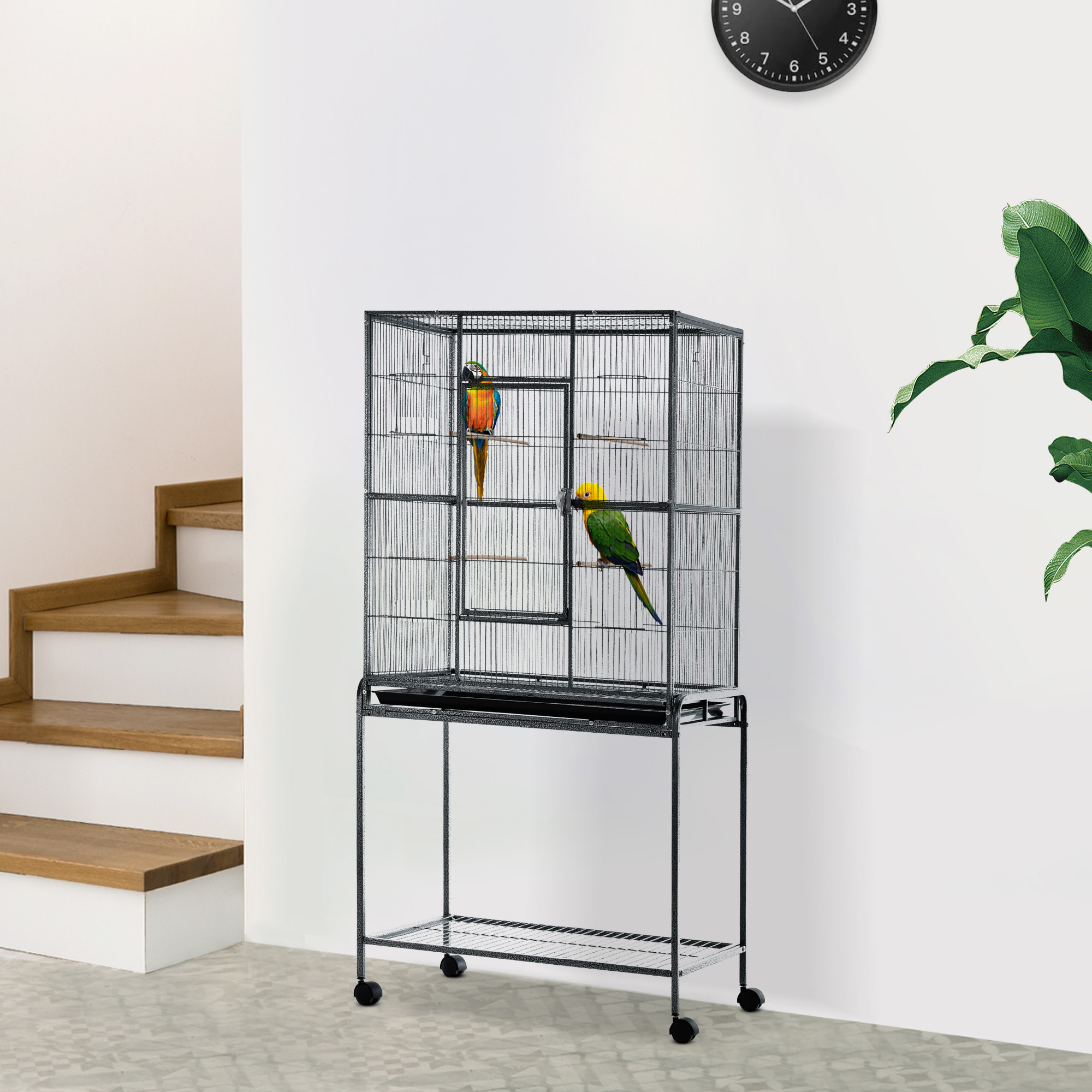 PawHut Cage à Oiseaux Portable avec 4 Mangeoires et 4 Perchoirs Pratique 81 x 48 x 163 cm Noir et Gris