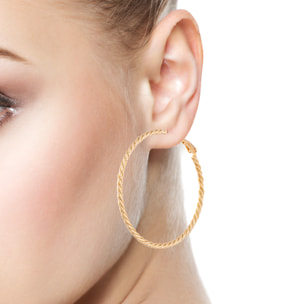 Pendientes de aro trenzado de cobre con baño de oro auténtico y acabado brillante, 50 mm, cierre catalán de plata de ley 925 con acabado dorado electroplateado.