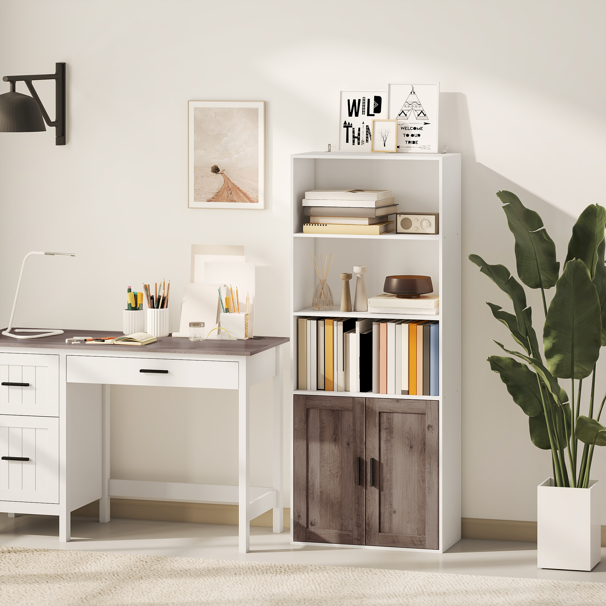 Estantería para Libros Estrecha, Librería con Puertas, Estantes Abiertos y Armario con Balda Ajustable, para Salón, Estudio, Oficina, 60x30x149,5 cm, Blanco y Marrón