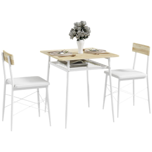 Conjunto de Mesa y Sillas de Comedor de 3 Piezas Mesa de Cocina con 2 Sillas sin Brazos Mesa Rectangular con Estante Abierto Estructura de Acero Blanco y Roble