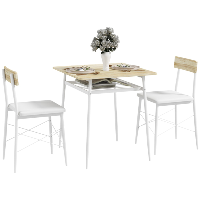 Conjunto de Mesa y Sillas de Comedor de 3 Piezas Mesa de Cocina con 2 Sillas sin Brazos Mesa Rectangular con Estante Abierto Estructura de Acero Blanco y Roble