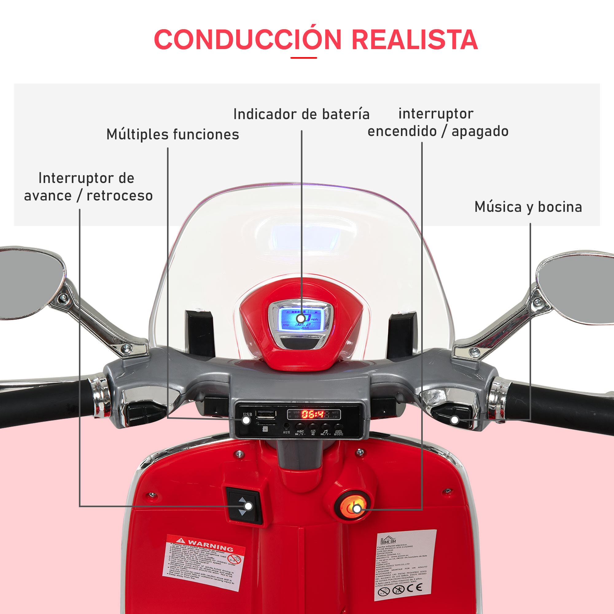 Moto Eléctrica con Faros Música 2 Ruedas Auxiliares Rojo