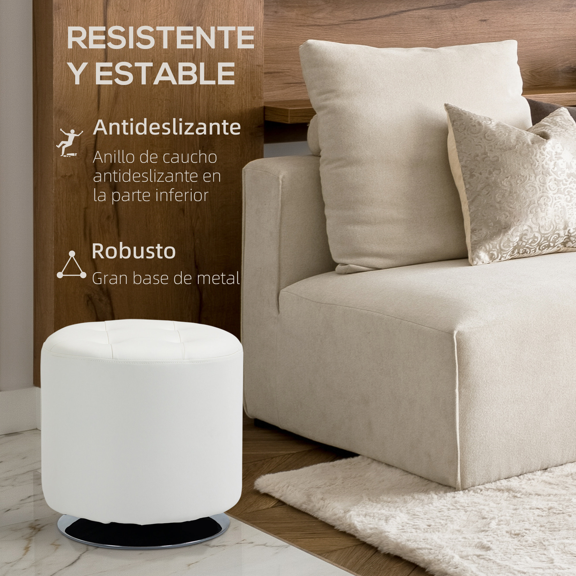 HOMCOM Reposapiés Otomano Giratorio Taburete Puff Redondo Tapizado en Piel Sintético de Estilo Moderno para Dormitorio Entrada Salón Ø45,5x44,5 cm Blanco