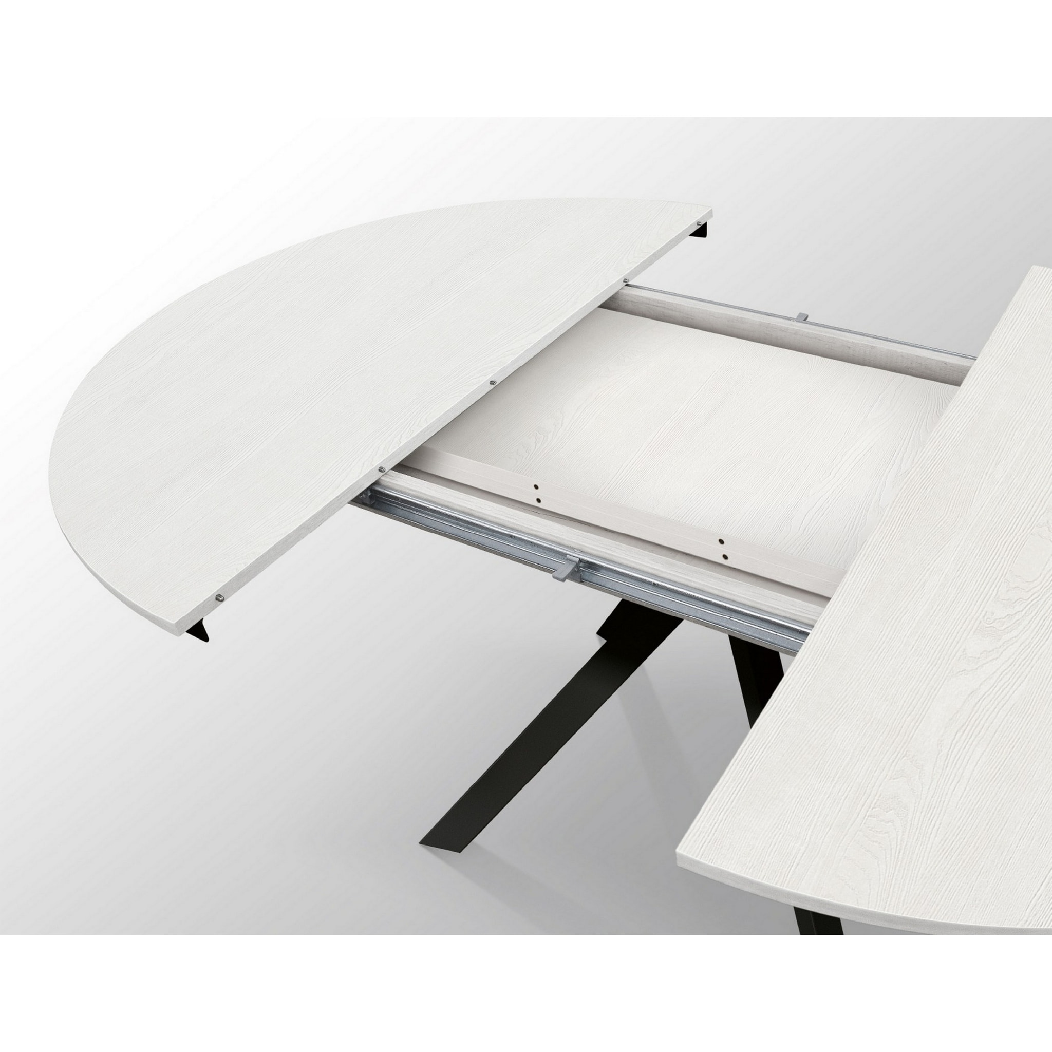 Tavolo rotondo PANTELLERIA in legno effetto bianco frassinato con gambe incrociate in metallo antracite, allungabile ⌀120 cm - ⌀170 cm