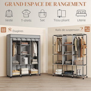 Armoire penderie multi-rangement - 8 étagères, 2 barres - acier noir non tissé gris