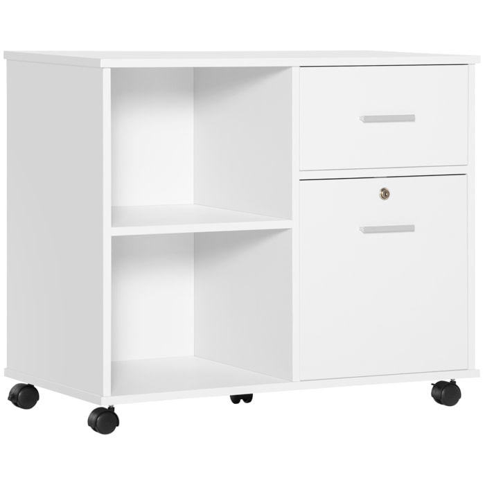 Support d'imprimante organiseur bureau caisson avec 2 tiroirs dont 1 verrouillable avec clé 2 niches grand plateau dim 80L x 40l x 66,5H cm blanc