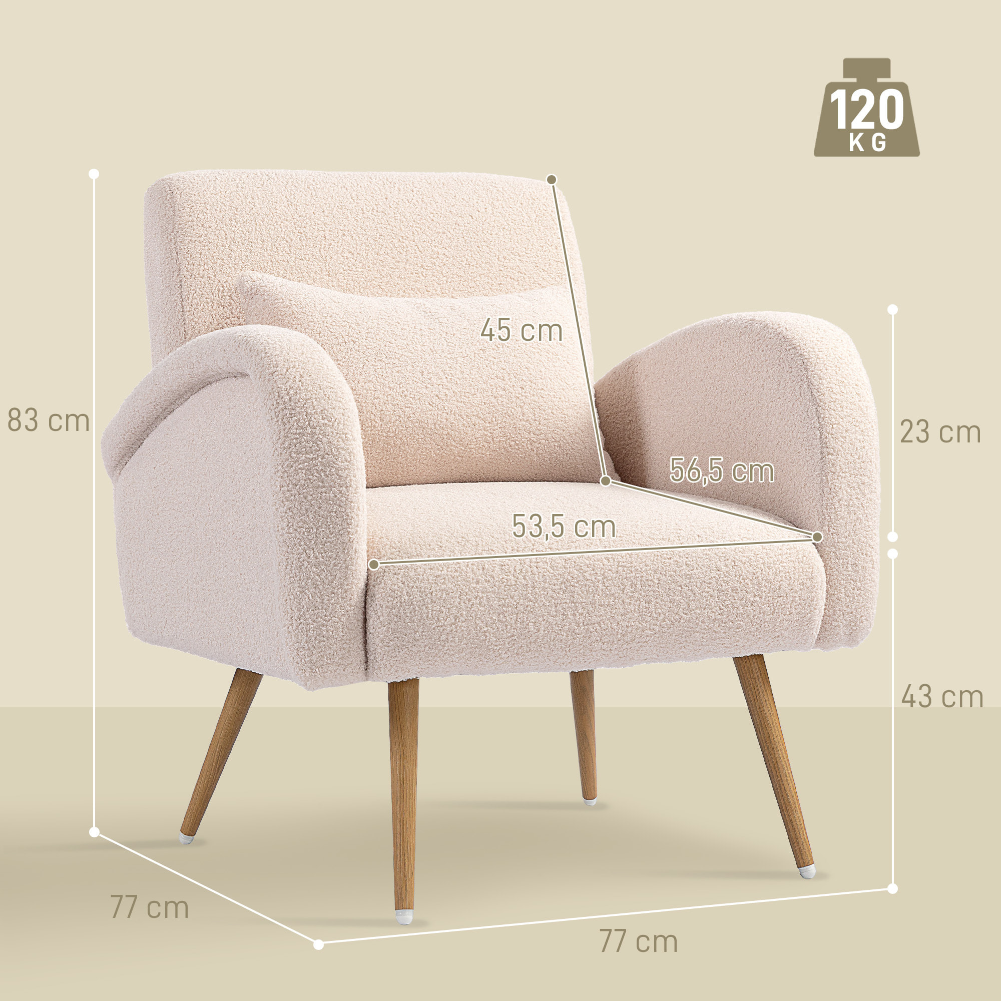 Fauteuil lounge style nordique bouclette piètement effilé incliné métal effet bois