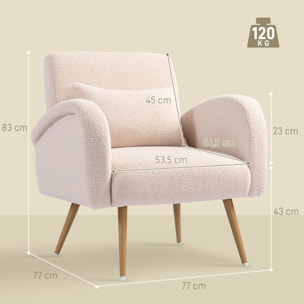Fauteuil lounge style nordique bouclette piètement effilé incliné métal effet bois