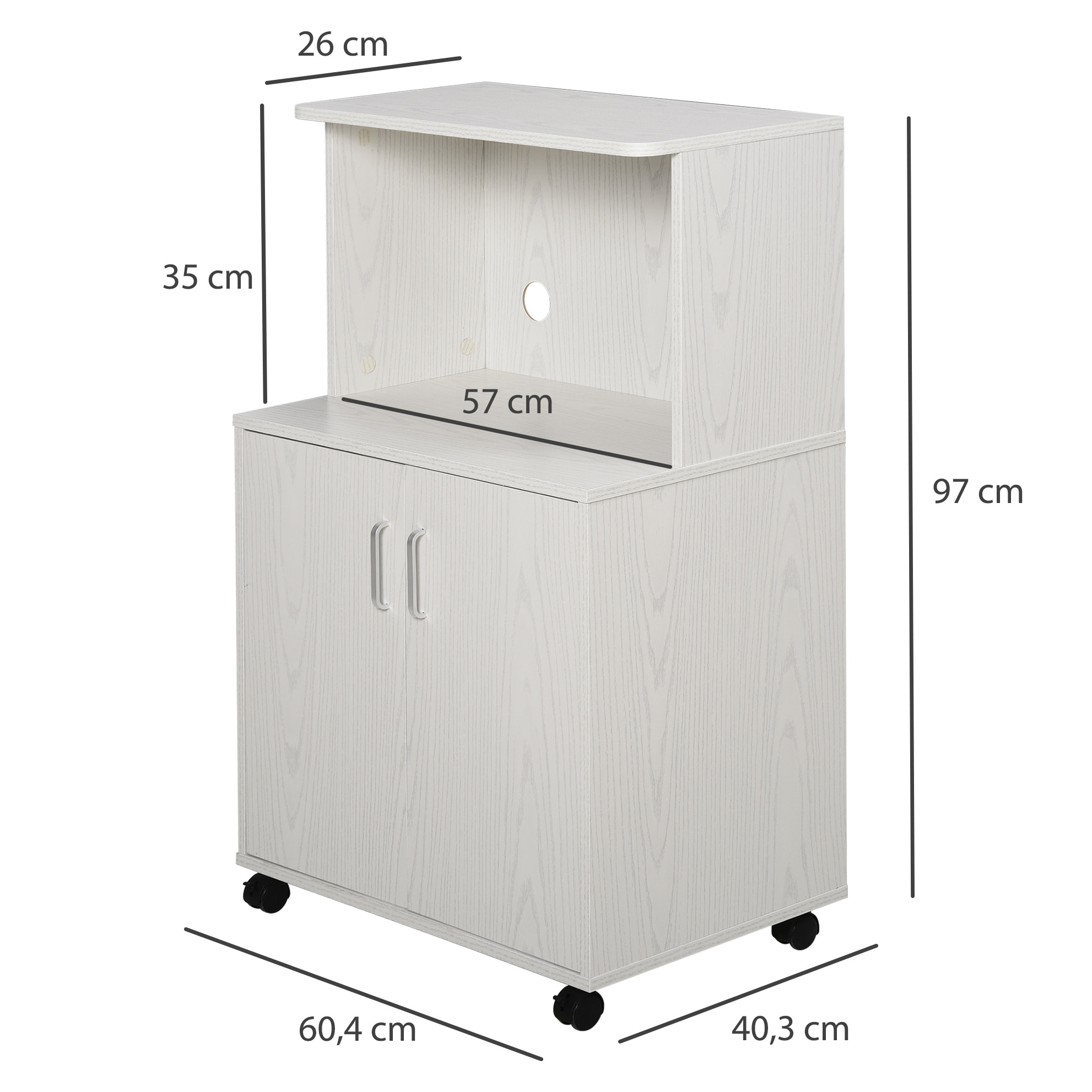 Chariot desserte micro-ondes placard 2 portes - dim. 60,4L x 40,3l x 97H cm - blanc