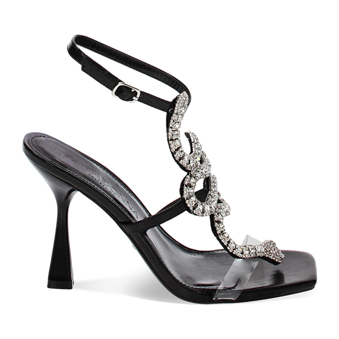 Sandali neri in laminato e pietre, tacco 8,5 cm