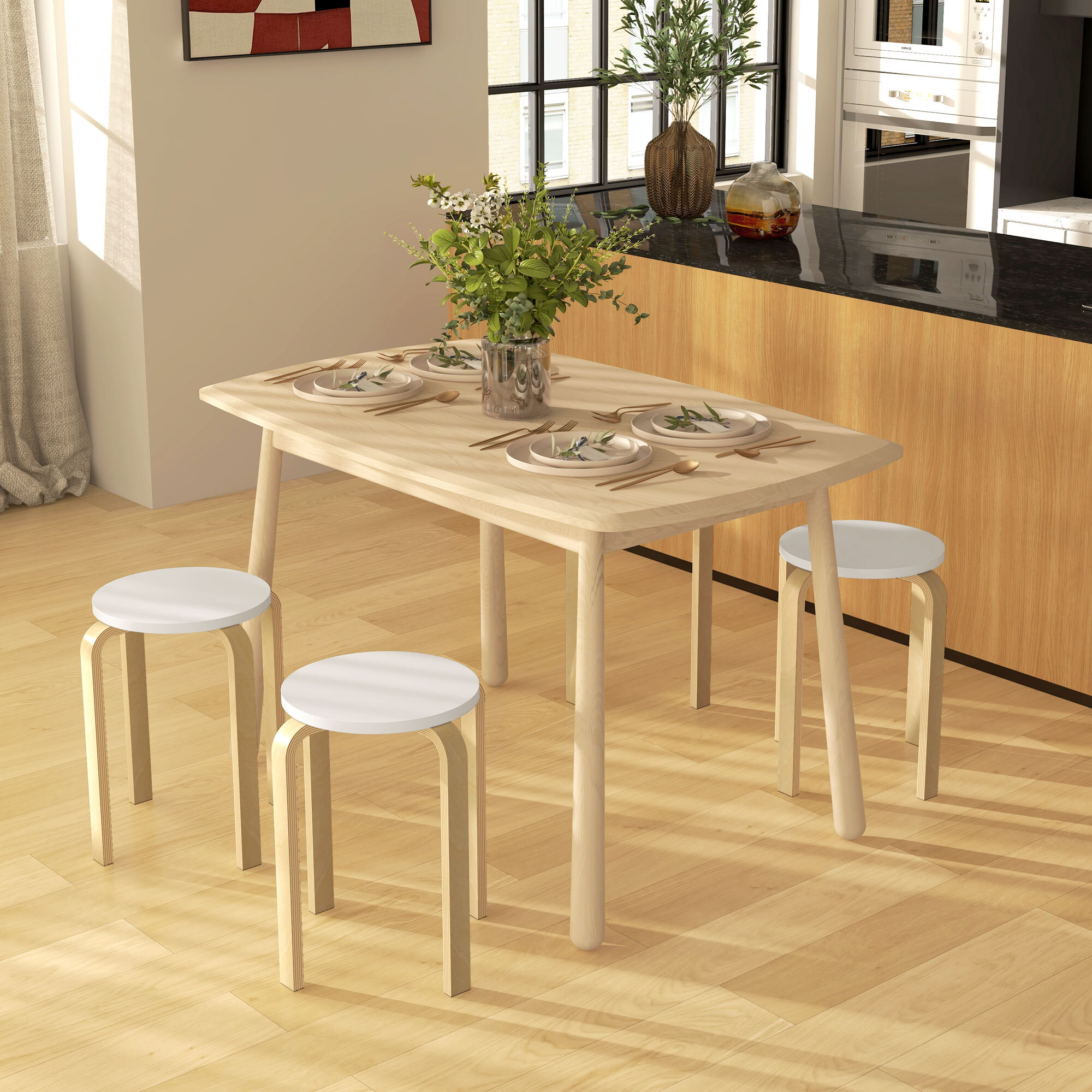 Taburetes Apilables Juego de 4 Taburetes Multiusos Taburetes de Madera Redondos Carga 120 kg para Salón Oficina Dormitorio Estudio Ø40x45 cm Natural y Blanco