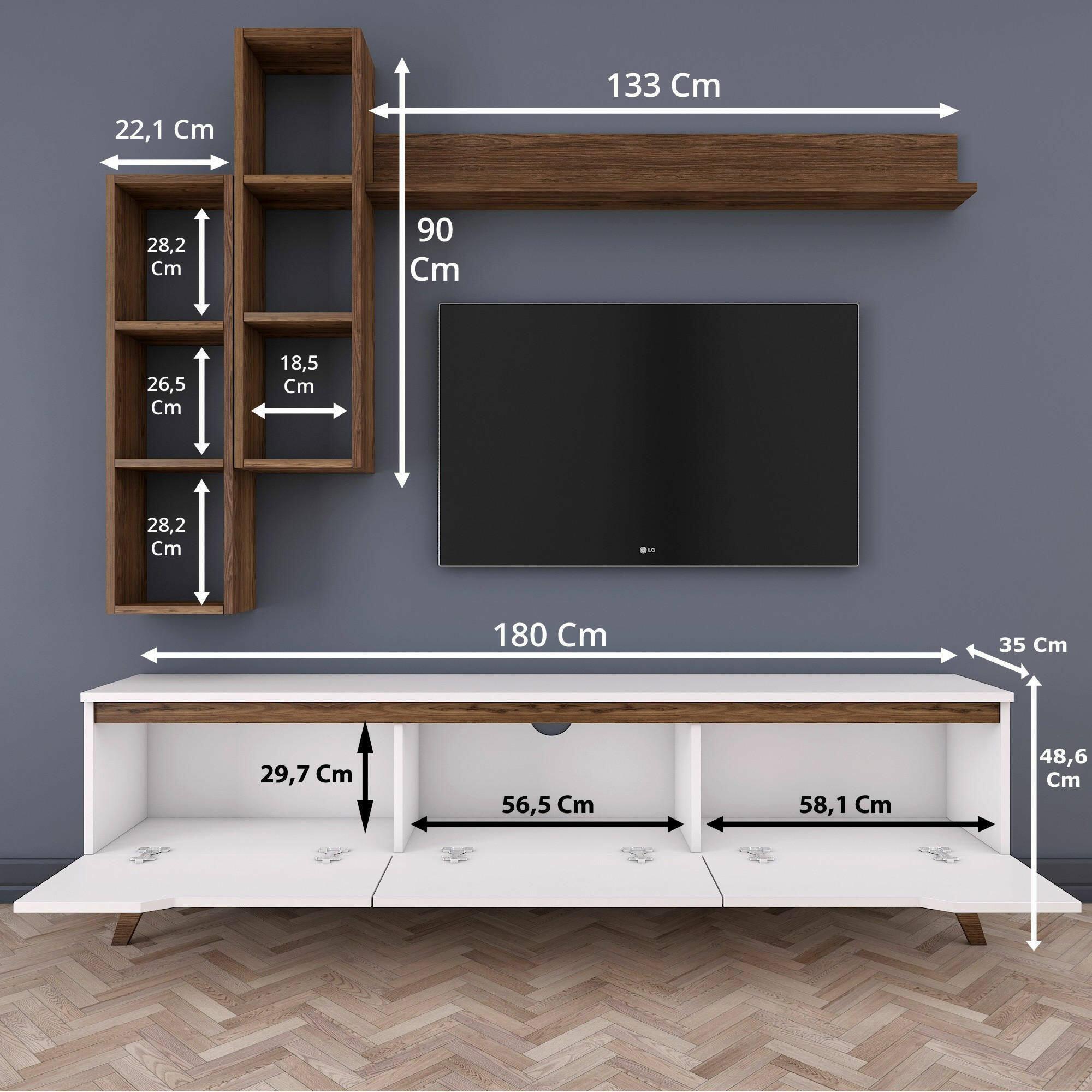 Mobile porta TV Dleonard, Credenza da soggiorno, Armadio basso per TV, Base parete attrezzata, 180x35h49 cm, Bianco e Noce