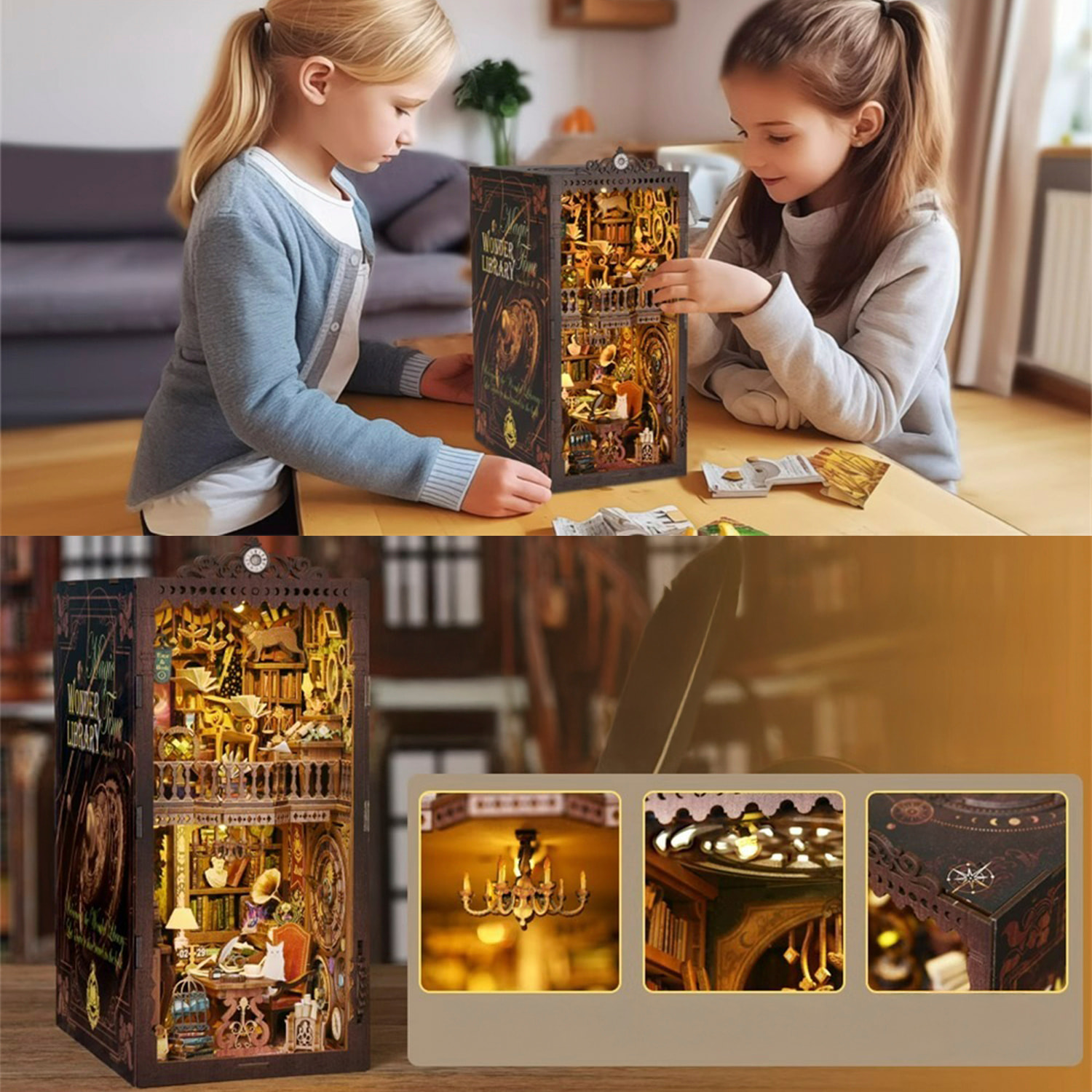 Biblioteca de las Maravillas. Book Nook de madera, diseño 3D realista con gran detalle, cubierta y luces led.
