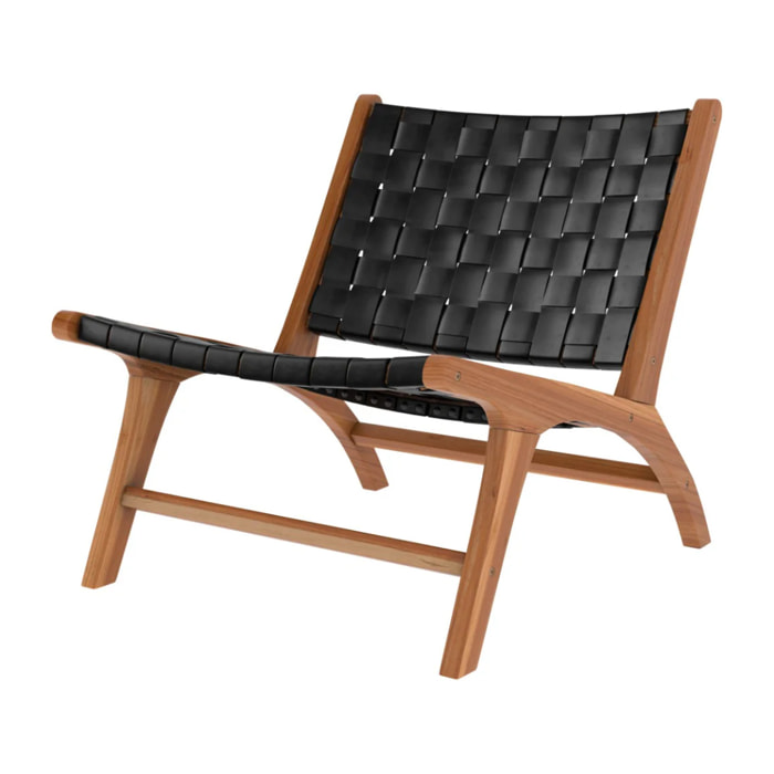 Fauteuil en teck et cuir tréssé noir - Kuna