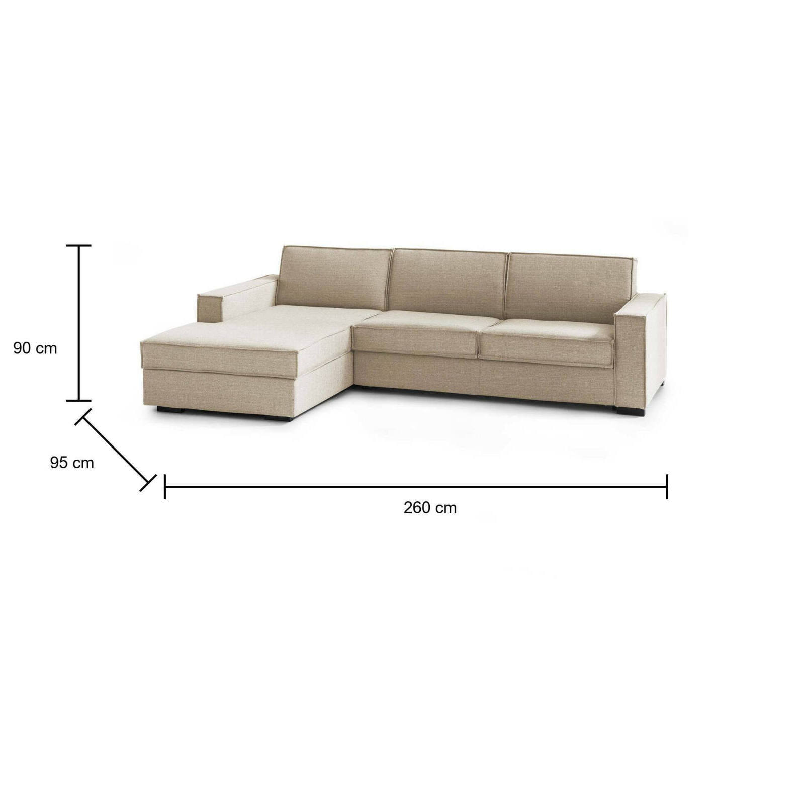 Divano fisso Perla, Divano ad angolo, 100% Made in Italy, Sofà Soggiorno con, penisola contenitore Sinistra, con Braccioli slim, Cm 260x95h90, Beige