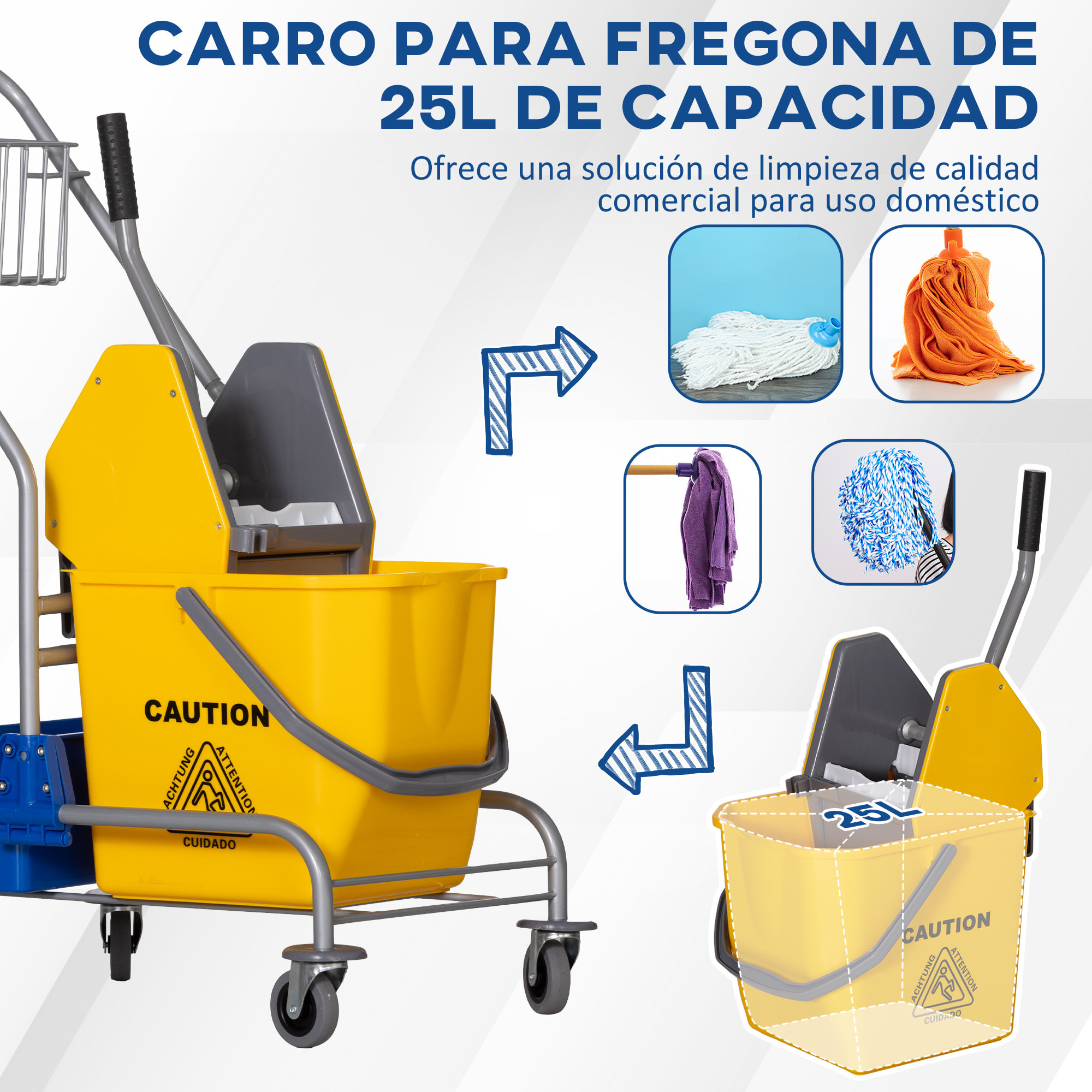 Carro de Limpieza Carro de Servicio con Cubos de Fregona de 25L Escurridor Cubeta y Estantes para Hotel Oficina 72x49,5x95 cm Amarillo