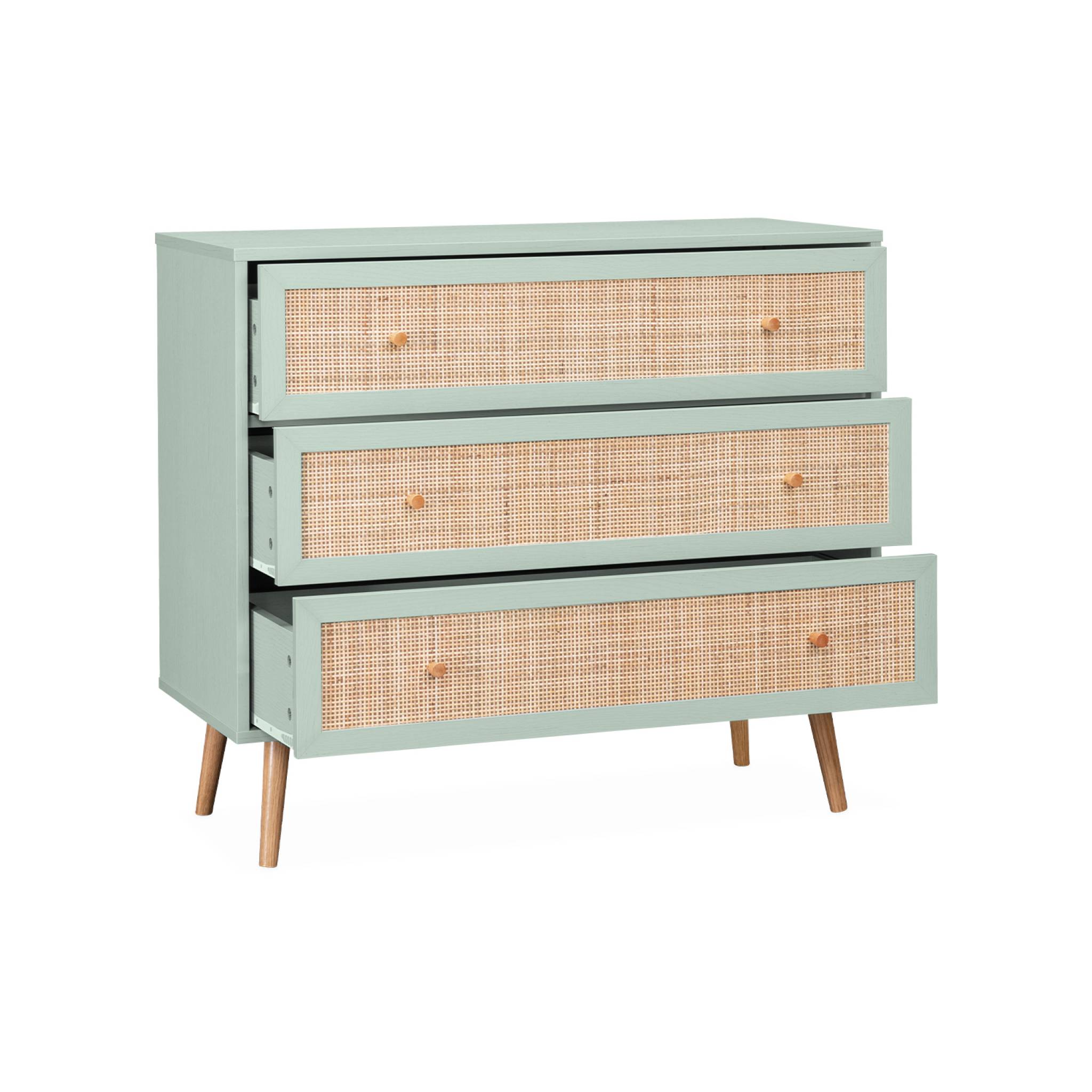 Commode en décor bois vert céladon et cannage 90x39x79cm - Bohème - 3 tiroirs