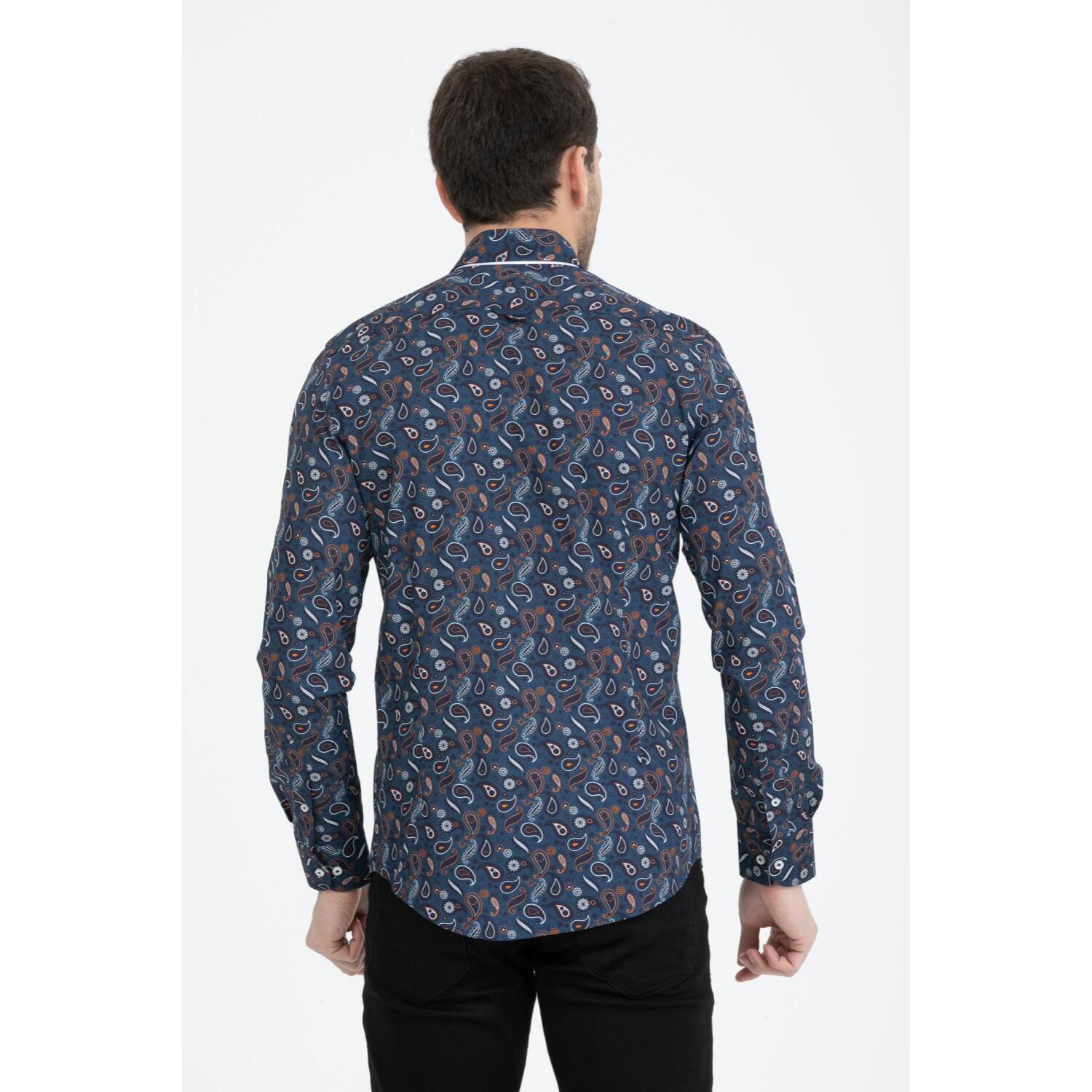 Camicia Uomo 1 Bottoni Button Down Slim Popeline Fantasia Blu/Celeste