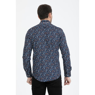Camicia Uomo 1 Bottoni Button Down Slim Popeline Fantasia Blu/Celeste