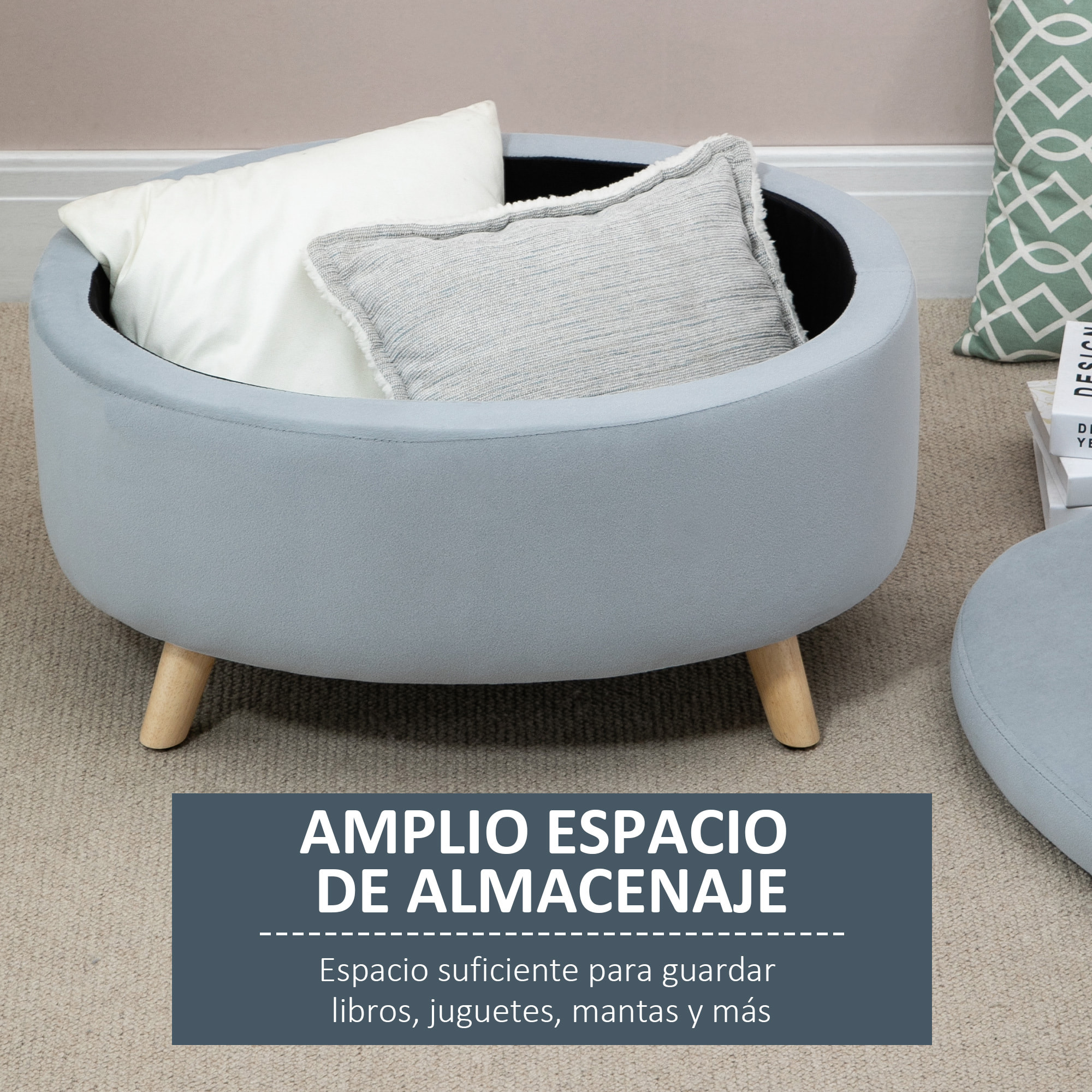 HOMCOM Otomano Puff Tapizado en Terciopelo Acolchado Taburete de Almacenaje Elíptico con Tapa Extraíble y Patas de Madera para Dormitorio Salón Pasillo 71x51,5x42 cm Gris