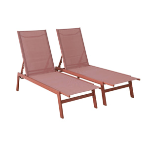 Lot de 2 transats terracotta. 5 positions. en textilène et métal. FLORA.  L155 x P59 x H106cm