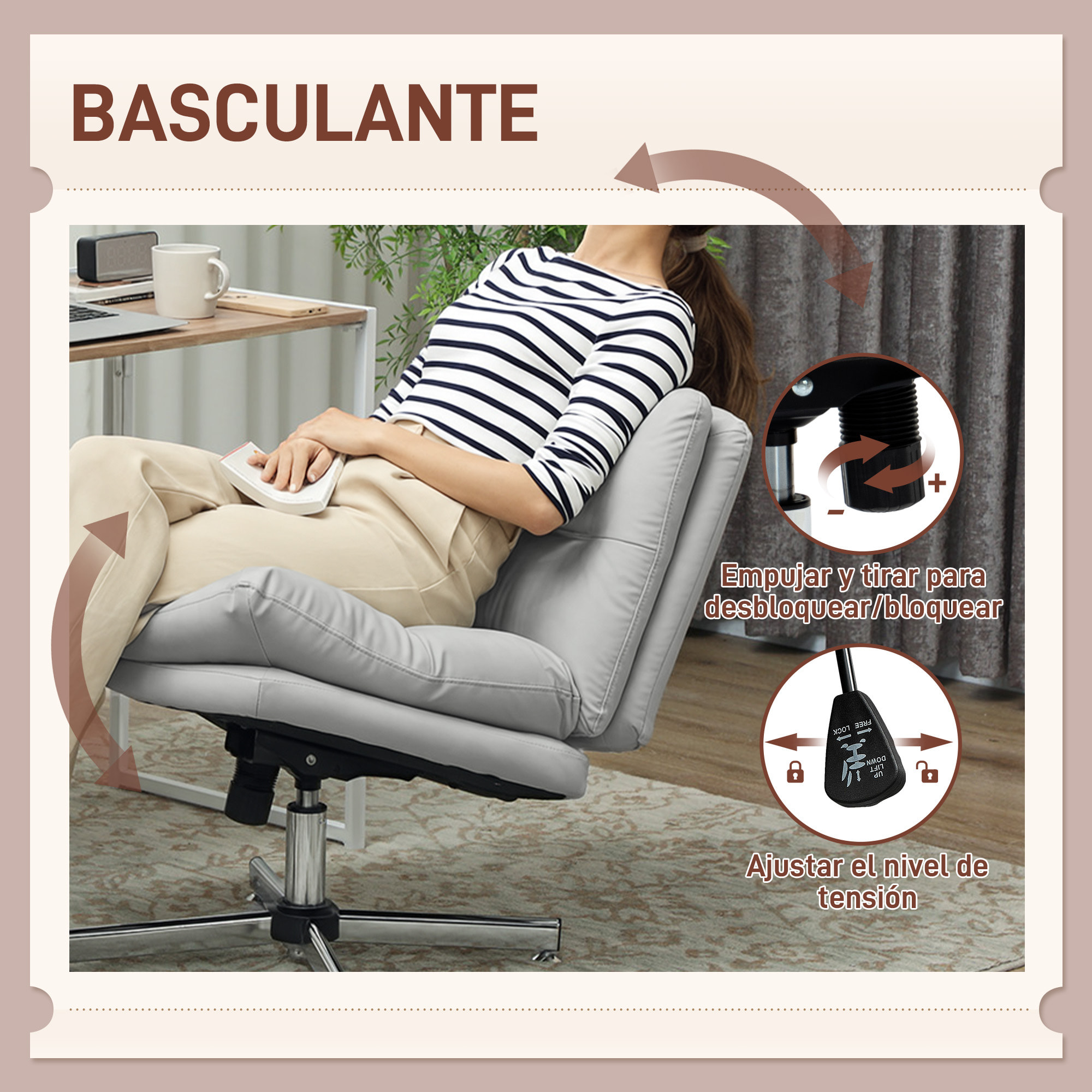 Silla de Escritorio Giratoria Silla de Oficina con Altura Ajustable Función de Basculante Base Cruzada sin Brazos y Asiento Amplio para Estudio Dormitorio Gris