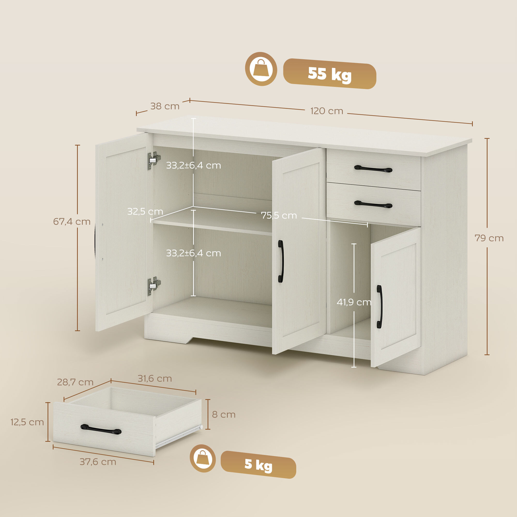 Aparador 3 Puertas, Aparador para Salón Moderno, con 2 Cajones, Estante Ajustable, para Comedor, Entrada, Dormitorio, Crema, 120x38x79 cm